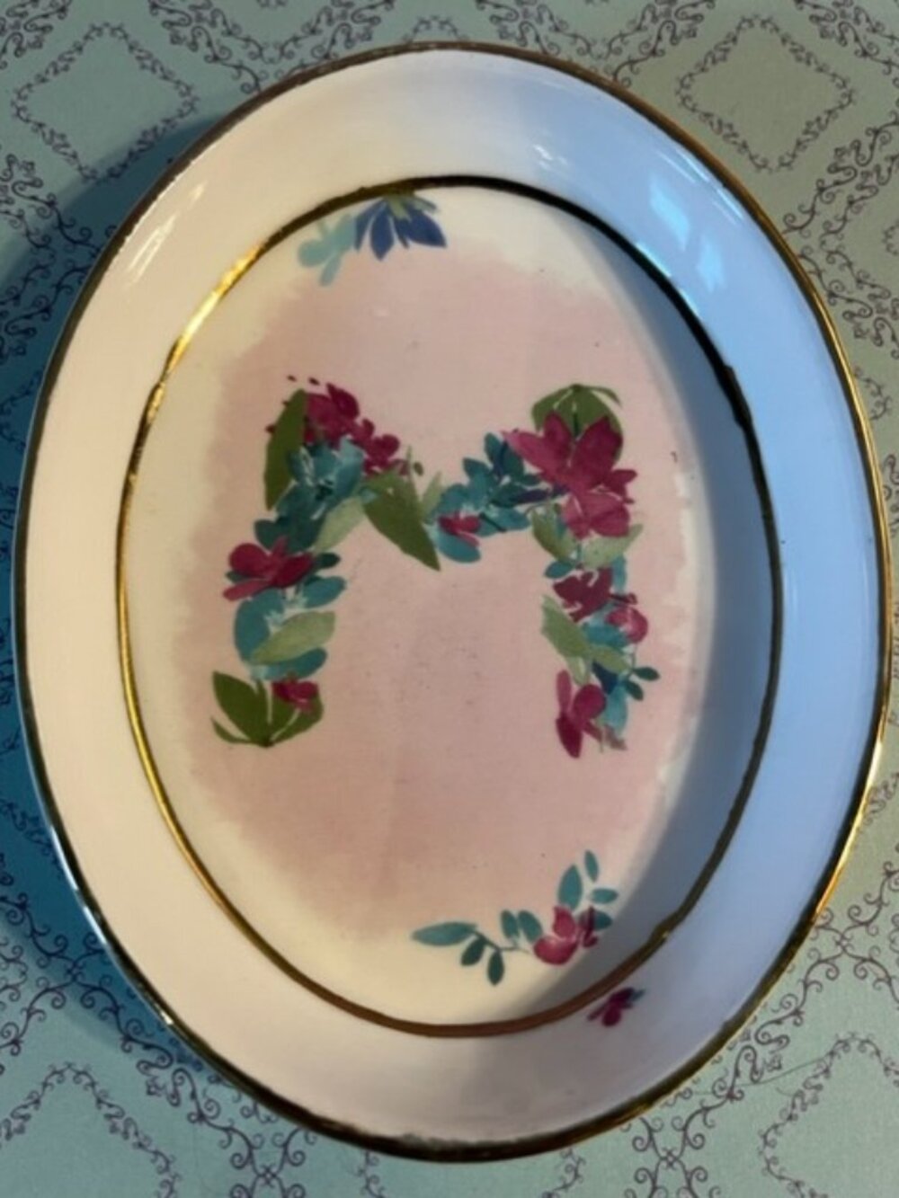 Monogram floral letter M Antropologie trinket dish porcelain